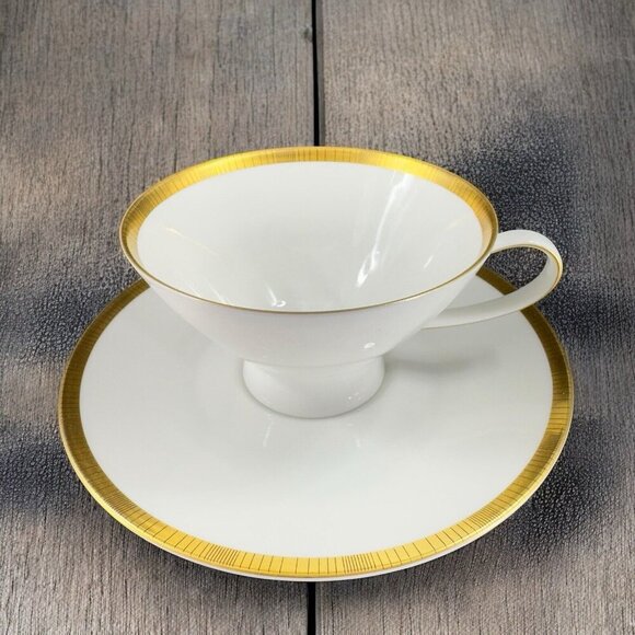Rosenthal Germany 3680 White Gold Band Black Lines Tea Cup And Saucer Set 2 VTG - Picture 7 of 16